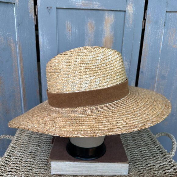 GIGI PIP Isla Straw Wide Brim Fedora Hat Suede Band OS NWOT - Picture 6 of 12